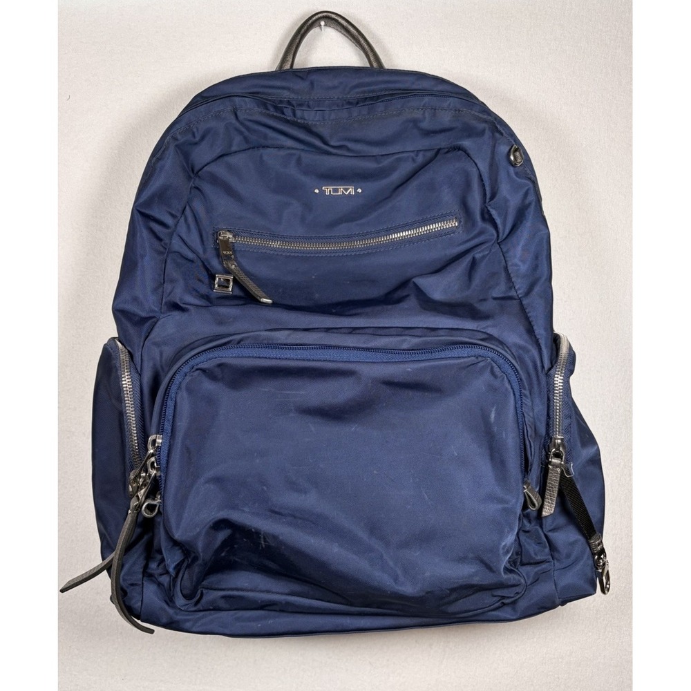 Tumi Voyageur Carson Backpack Navy Leather Trim Nylon Laptop Lightweight Bag